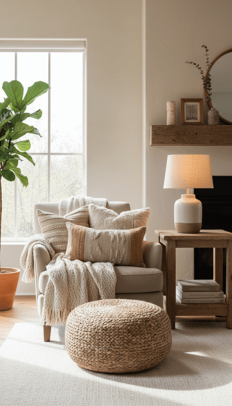 Living room corner styled with layered pillows and a wooden side table