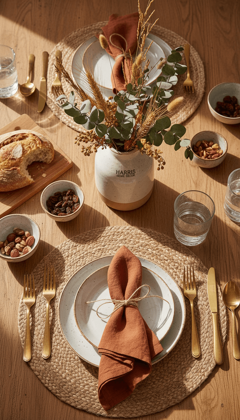Styled dining table with a ceramic vase and linen placemats