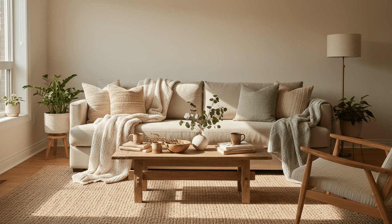 Sunlit living room with a beige sofa, wooden coffee table, and cozy textured blankets.