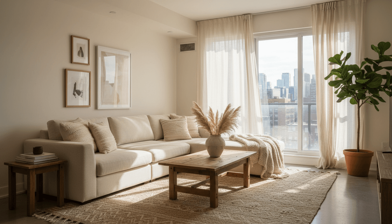 Cozy living room with a beige sofa, wooden coffee table, and warm decor accents in natural light