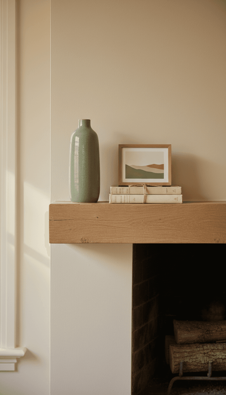 Mantel styled with ceramic vase, books, and framed print