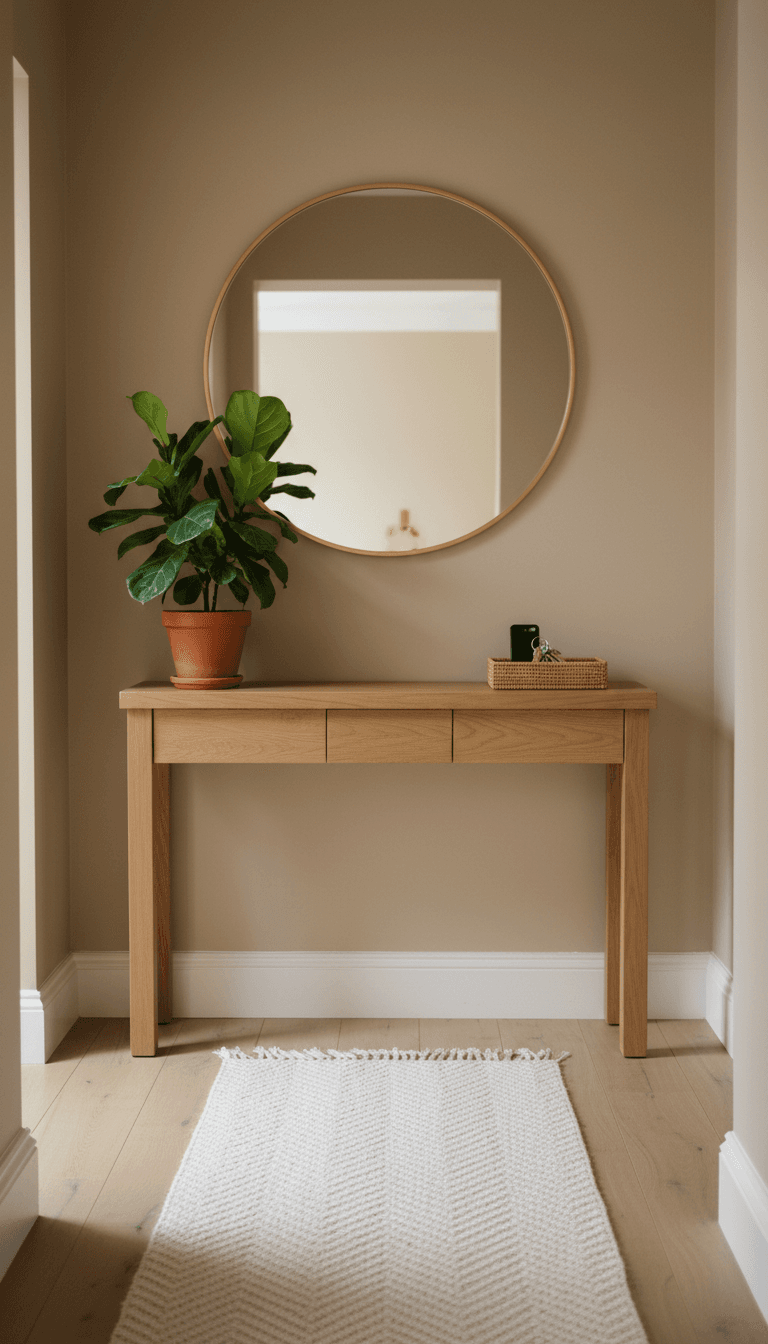 Entryway styled with a console table, mirror, and plant