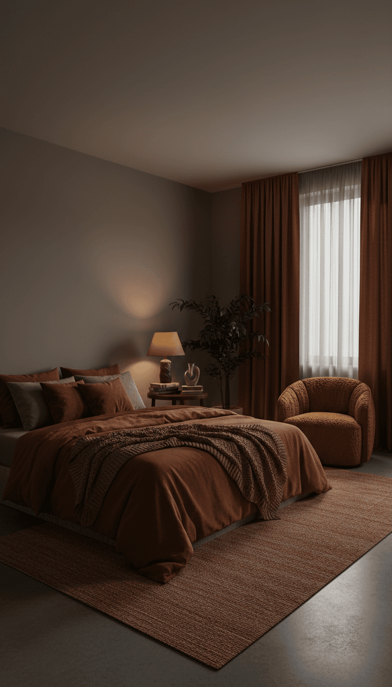 Bedroom redecorated with warm layered bedding and an accent chair