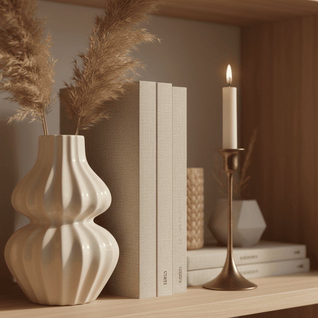 Walnut wall shelf styled with framed photos and a sculptural vase