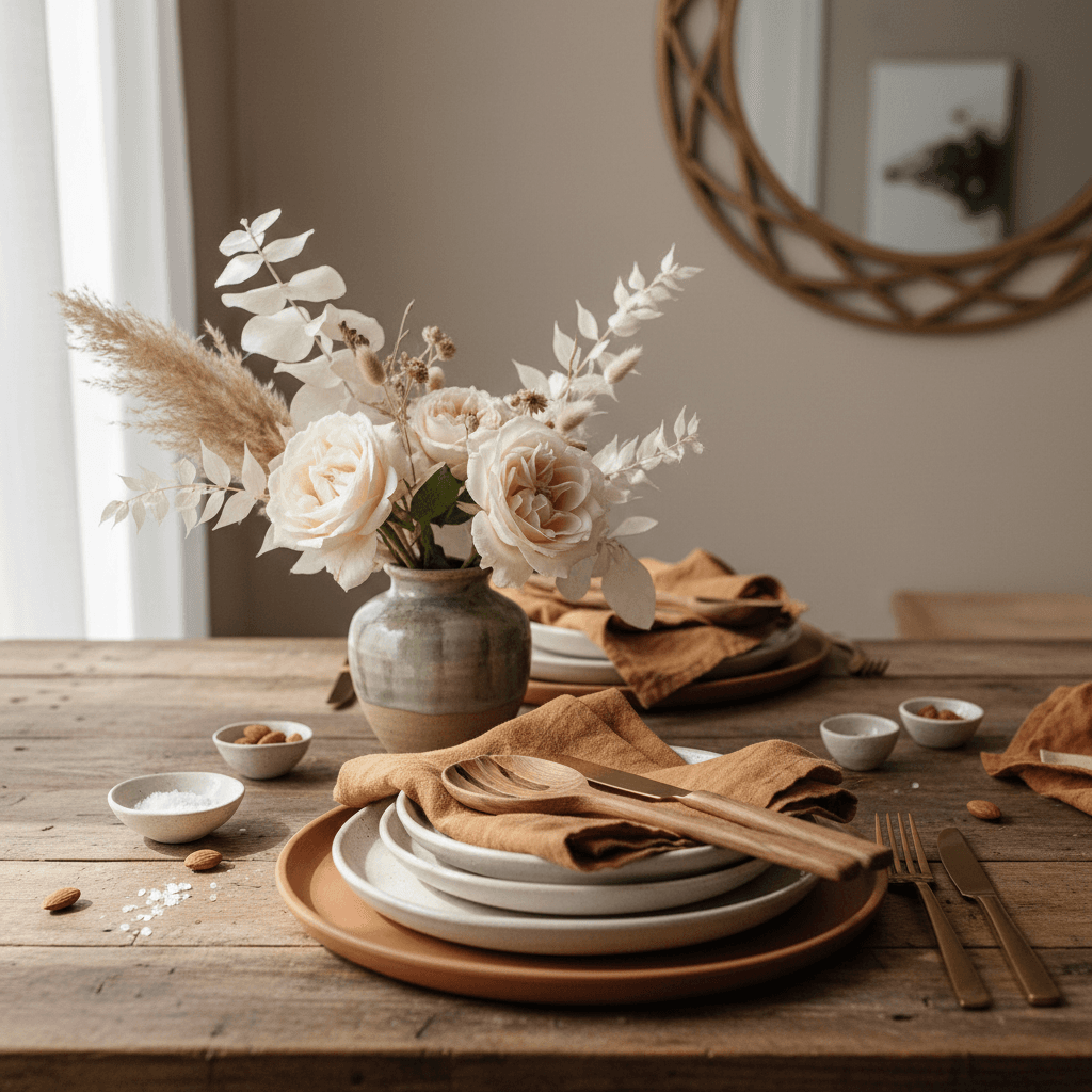 Hand-finished ceramic dinnerware styled on a kitchen island
