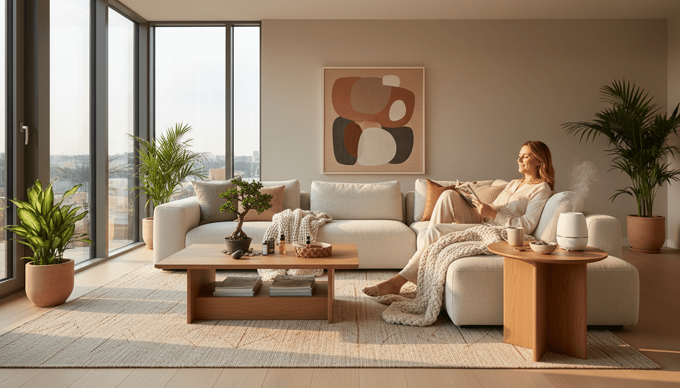 Cozy living room corner with an armchair, throw blanket, and ceramic vase on a wooden side table