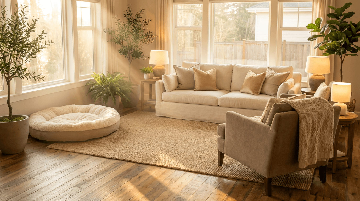 Cozy stylish living room corner in a Toronto home with layered decor