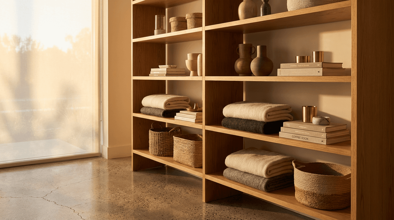 Styled shelf corner with vase, books, and framed print in a warm Toronto home